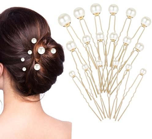 Nogeqi 18 Stück U-Förmige Braut Haarnadeln mit Perlen, Hochzeit Perlen-Haarschmuck, Perlen Haarnadeln, Pearl Hair Pins für Party & Brautjungfern | Elegante Haarspangen In Gold (6 Größen)
