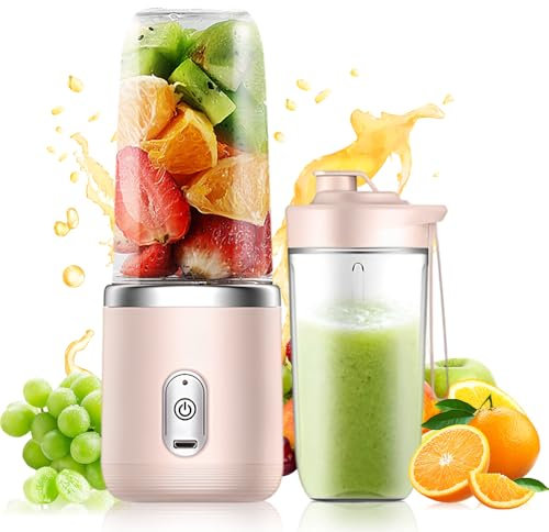 Rppiup Mixeur portable, 400 ml, avec gobelet de rechange, rechargeable par USB, petit blender à emporter avec 6 lames, mini blender pour milkshakes, jus, smoothies (rose)