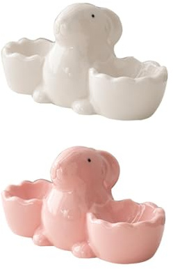 ARFUKA Ceramic Rabbit Egg Cups Easter Bunny Egg Stand Holder Double Cups for Hard Boiled Eggs, Breakfast & Holiday Decor Pack of 2