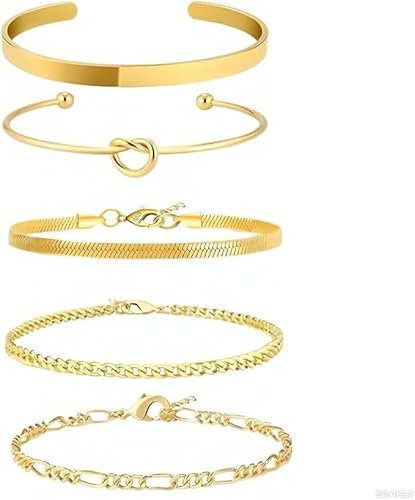 Guidre 5 Stück Gold Armreif Armbänder für Damen, 14k Vergoldet Multi Layer stapelbar Manschette Armband Set Offen Einstellbar Armreif Minimalist texturiert Boho Schmuck Geschenk für Muttertag