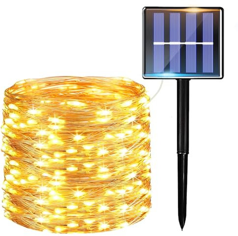 Catena di luci solari per esterni, 22 m, 200 LED, filo di rame, catena di luci solari a LED, per esterni, giardino, luce solare, impermeabile, illuminazione solare per esterni, terrazza