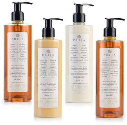 Prija XL Set 4x 380 ml Flüssigseife vitalisierend mit Ginseng, Haut & Haarshampoo vitalisierend mit Ginseng, Hand & Körperlotion, Massagelotion