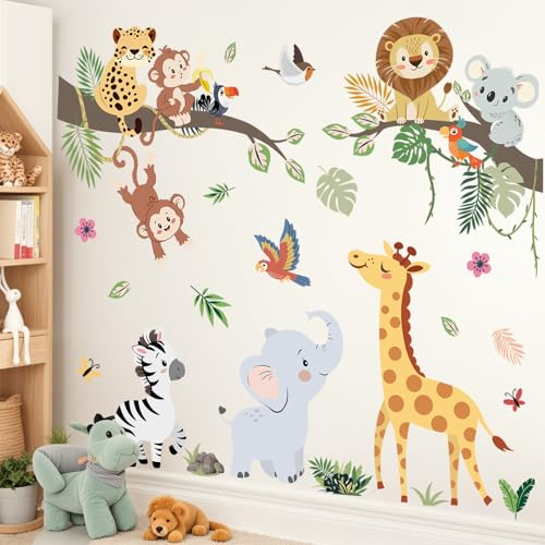 Peelora Jungle Animals Tree Branch Safari Giraffe Lion Wall Decals Stickers | Peel and Stick Decals for Walls, DIY Wall Art Stickers, Removable & Wall‑Safe, Vibrant Colors Decor for Bedroom, Living Room