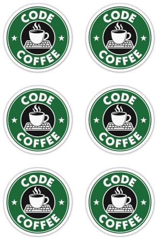 Aufkleber: 50 mm, 6 Stück - runder Nerd Sticker „CODE COFFEE“ für Programmierer, Laptop, Notebook, IT Büro