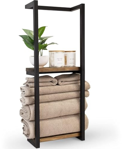 2-Tier Wall Mounted Towel Rack with Wooden Shelf,Bathroom Towel Holder