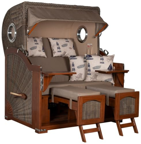 MR. DEKO Strandkorb XXL Düne Grande 2,5-Sitzer-Strandkorb | Mahagoni Holz PE-Geflecht Grey | Bullauge-Design | Volllieger wetterfest |Dessin 540 (Uni Taupe)