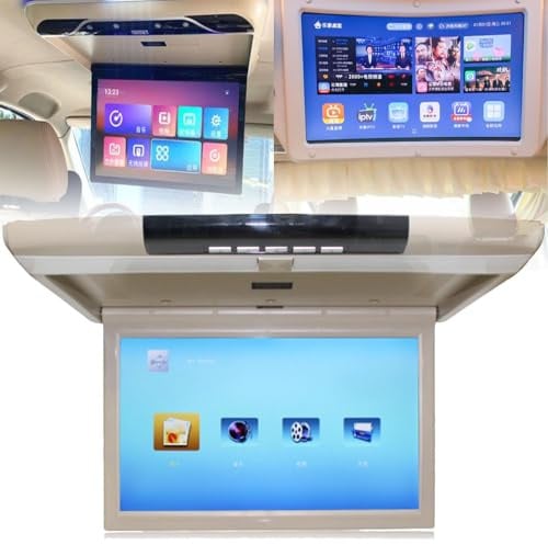 ZenHailure Monitor De Techo De Coche,17.3 Pulgadas Monitor De Techo De Coche HD 1080p TV Mp5 Pantalla IPS ángulo De Visión Completo Abatible hacia Abajo Monitor De Coche con USB TF HDMI FM Beige