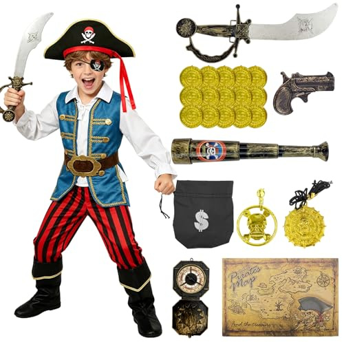 Xerteam 5-Tellges Set Piratenkostum Kinder mit Pirateaccessoires, Kindergeburtstag Kostüm Pirat, Piratenhut Augenklappe Fernrohr Karte Kompass, Halloween Fasching Verkleidung Jungen 4-9