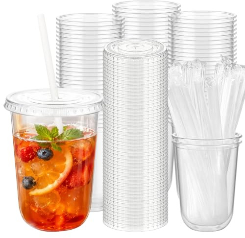 50 Stück Plastikbecher mit Deckel und Strohhalm, 16oz/480ml, Transparente