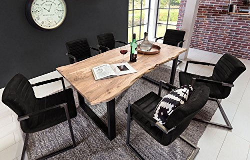 SAM 7tlg. Essgruppe Quentin, 1x Baumkantentisch 200x100cm Akazienholz massiv + echte Baumkante & 6X Schwingstuhl/Esszimmerstuhl Parzivo in schwarz, Tischgruppe im Industrial-Design