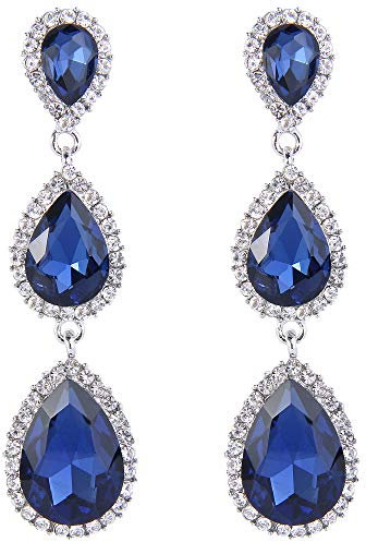 Clearine Damen Ohrringe wunderschöne kleine bis große dreifache Teardrop Kristall baumelnd Ohrstecker (Dunkelblau Silber-Ton)