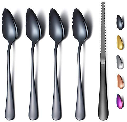 Ensemble de 5 Cuillères à Pamplemousse Noir, 4 Cuillères à Pamplemousse En Acier Inoxydable et 1 Couteau à Pamplemousse, Ensemble D'ustensiles de Pamplemousse, Cuillère à Bords Dentelés