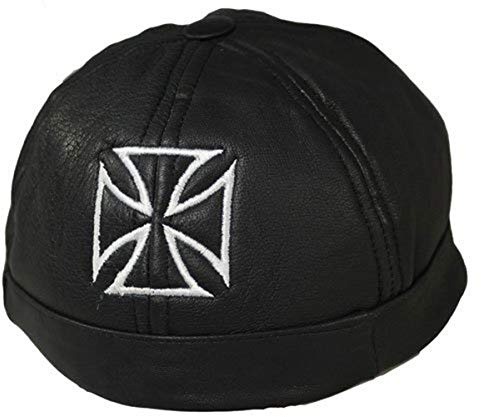 EURO STARS Motorrad Cap ohne Schirm mit Iron cross Motiv, Mütze Docker Cap Trucker Biker, Real Leather Cap