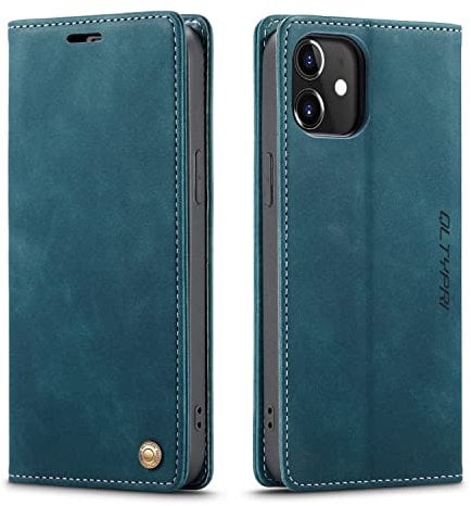 QLTYPRI Compatible with iPhone 12 Mini, Vintage PU Leather Wallet Case Card Slot Kickstand Magnetic Closure Shockproof Flip Folio Book Case Compatible with iPhone 12 Mini - Blue