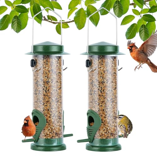 MIXXIDEA Futterspender für Wildvögel, aus Edelstahl, zum Aufhängen, für Garten, Hinterhof, Außendekoration, lockt Wildfinken, Distel, Kardinal 2 Stück (Grün)