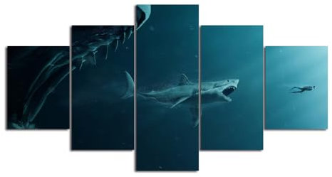 MPPSU Hai-Megalodon-Jagd Auf Menschen Unter Wasser Wanddekoration Wohnzimmer Leinwandbild Jugendzimmer Poster Set Modern 5 Teiliges Wandbild Bedroom Decor XXL Bilder Mit Rahmen 150 * 80cm