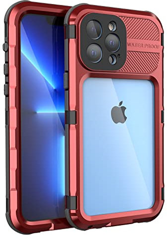 WIFORT Metal Case for iPhone 13 Pro Max, Waterproof Heavy Duty Military Phone Case, Dust/Shockproof Full Body Tough Protective Case Built in Screen Protector, Aluminum Underwater Cover, 6.7” Red