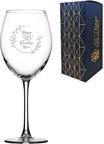 Personalised Engraved Enoteca Wine Glass Happy 50th Birthday Wreath Design Gift Boxed,19oz/561ml Large Wine Glass, Customise with Any Name, Engraved in The UK