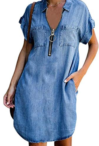 Damen-Denim-Hemdkleid, kurzärmelig, Jeanskleid, Reißverschluss, Tunika, Top, Denim, Midi-Kleid, blau, 40-42
