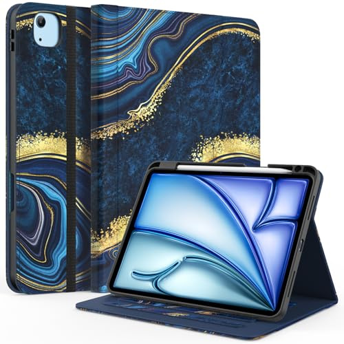 ZoneFoker Schutzhülle für iPad Air 5.,4. Generation, iPad Pro 27.9 cm (11 Zoll) (3.,2. Generation), Multi-Winkel-Ständer, Leder-Folio-Hülle mit Stifthalter,20,Marmor Ozean