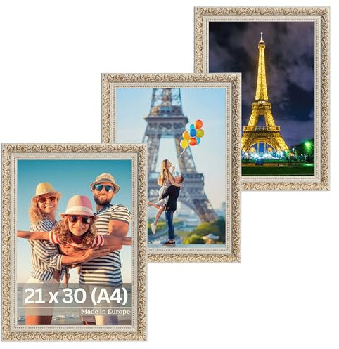 VictoR Vintage Bilderrahmen „Rubens“ 3er Set in 21x30 cm (A4) Gold Beige - Leiste: 30x20mm - Echtglas - Fotorahmen Barock - Antik - Bilderrahmen 20x30 Vintage - Fotorahmen A4 Gold