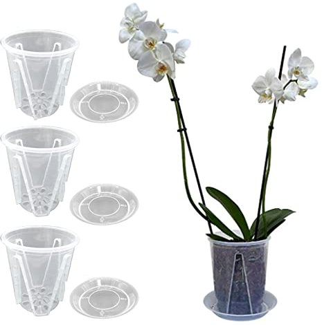 Towwoo Vaso per Orchidee in Plastica, 3 Vasi da Fiori in Plastica Trasparente con Fori di Drenaggio e Sottovaso, Vasi Rigidi per Piante e Fiori per Balcone Interno e Esterno, Diametro 14 cm