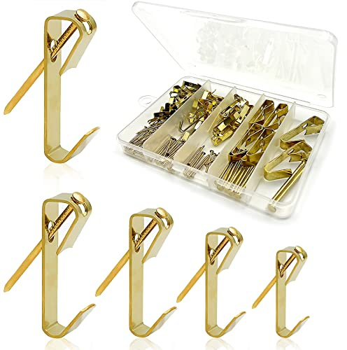120 Pièces Crochet Mural Metal Kit, Inoxydable Accroche Tableau Lourd, Crochets de Suspension de Photo pour Photos Suspendues de Maison et Bureau (5 Tailles, Or)