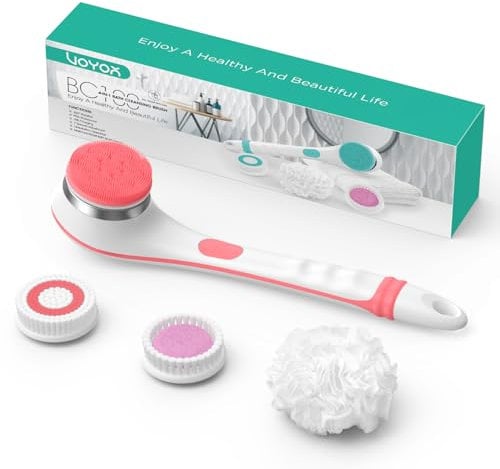 VOYOR Electric Body Brush Back Scrubber Body Exfoliator Shower Brush with Long Handle Rechargeable Usb Charging Deep Cleansing Set Exfoliating Scrubber Soft Silicone Waterproof Bath Brush BC100 (Pink)