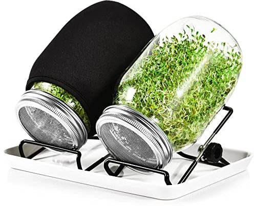 Sprouting Jar Kit-2 Large Wide Mouth Mason Jars with Stainless Steel Screen Sprout Lids, Blackout Sleeves, Melamine Tray and Sprouter Stand, Seed Sprouter Set for Growing Broccoli, Alfalfa, Mung Bean