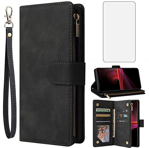 Asuwish Mobile Phone Case for Sony Xperia 1 IV Case with Screen Protector and Card Slot Foldable Leather Wallet Stand Zip 1IV 4 XQ-CT54 Tempered Glass Screen Protector Mobile Phone Case Black