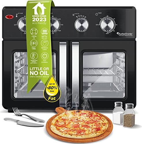 TurboTronic AF32MFD Air Fryer Oven 32L with Rotisserie & Dehydrator - All In One Multi Smart Table Top Mini Oven - French Door Design - Rotisserie Set, Air Fry Basket & More Included - Black