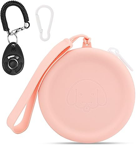 Pochette en silicone pour friandises pour chien,avec Clickers de dressage pour chiens,marche pour chien et chat,format de poche,facile à nettoyer,sans odeur,fermeture éclair,sac de voyage (rose)