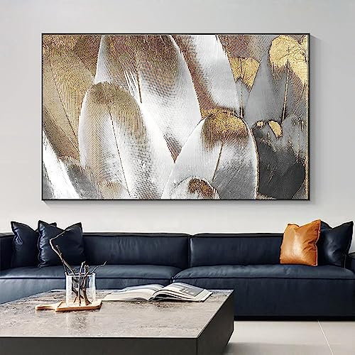 HTWLMM Leinwand Bilder Abstrakte Luxus Goldenen Federn Malerei Poster Kunstdruck für Wohnzimmer Schlafzimmer Wandbilder Deko (Rahmenlos) (50X70CM)