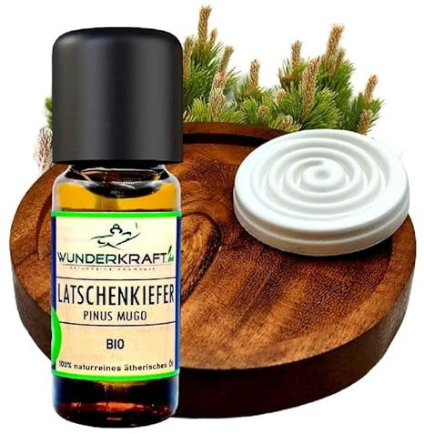BIO Latschenkiefernöl + Duftstein & Holzteller im Set - 100% naturreines ätherisches bio Öl von WUNDERKRAFT.BIO, Aromatherapie & Diffuser geeignet