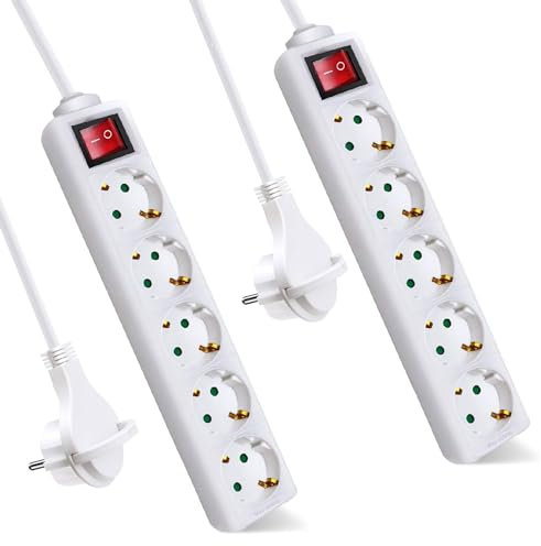 ExtraStar Steckdosenleiste 5-Fach (Mehrfachsteckdose mit Save Energy-Schalter zum Stromsparen, Kabel 1.5m, IP20, Kindersicherung, Neuer Flachstecker) 16A, 3680W, Weiβ 2PCS