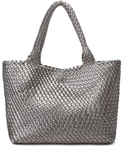 Queenoris Gewebte Tasche für Frauen, Mode Top Griff Umhängetasche Veganes Leder Shopper Tasche Große Reisetasche, silber