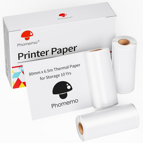 Phomemo Papier Thermique Imprimable 80mm 3 rouleaux, Sans BPA, Compatible avec L'imprimante Portable Phomemo M832/M834 pour Les Voyages, Maison, Photo et Facture, 6.5 M/Rouleau