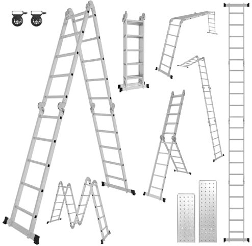 Yakimz Mehrzweckleiter 4x5 Stufen, Mehrzweckleiter mit Plattform und Rollen, 5,82M Alu Multifunktionsleiter 7 in 1 Klappleiter 20 Sprossen Vielzweckleiter