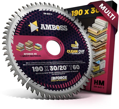 HM Kreissägeblatt 190x30 20 Z60 Flachzahn mit Wechselfase für Multi - Feinschnitt. AMBOSS WERKZEUGE® Sägeblatt 190mm +Reduzierring 20 30mm. 190x30 190x20 komp. zu Bosch GKS 190. GKS 65 Metabo KS66 DWE