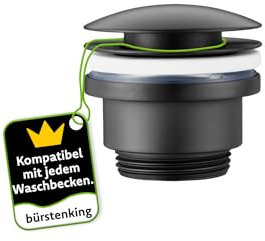 Bürstenking Universal Ablaufgarnitur, für Waschbecken und Waschtisch, einfache Montage und Reinigung, 1 1/4 Anschlussgewinde, aus Messing, Wasserstopp mit Push Open Funktion, Mattschwarz