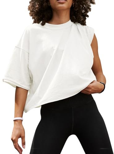 EBANKU Oversized Workout Shirts for Women Short Sleeve Crop Tops Casual Basic Cotton Athletic Yoga Running Cropped T-Shirts Ivory