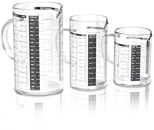 Arendo Set Glass Measuring jugs 350 + 500 ml 1000ml (0,35l 0,5l 1l) with Measurements displayed, Transparent Kitchen Measuring jug, Borosilicate Glass, Silicone Seal, Beaker with lid