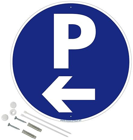 Panneau de signalisation rétro réfléchissant rond prépercé PVC ou ALU diam 250mm ou 300mm + Kit de fixation pour pose facile, rapide - Parking flèche à gauche -