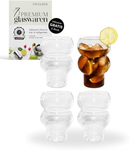 7 O'CLOCK Gläser 4er Set + Getränke Rezept E-Book | Design Bubble Glass Tokyo Two | Trinkgläser Eiskaffeegläser Cocktailgläser Longdrinkgläser Wasser Tee Kaffee | Spülmaschinenfest langlebig | 500ml