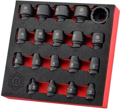 Britool Hallmark Impact Socket Set, Sizes 6-24mm, 3/8 Square Drive, 30mm Length (12-Point)