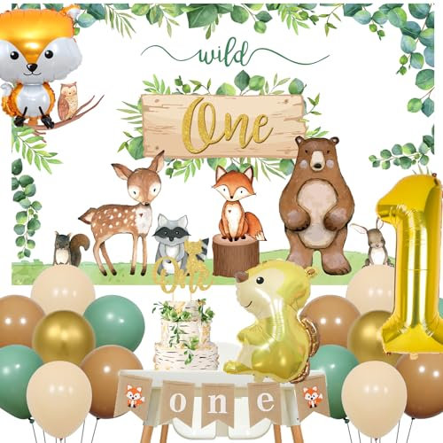 Fangleland Woodland Animals1st Birthday Decorations Set for Boys or Girls, Forest Themed Wild One Balloons Backdrop Highchair Banner, Woodland Creatures First Birthday Cake Topper Party Supplies