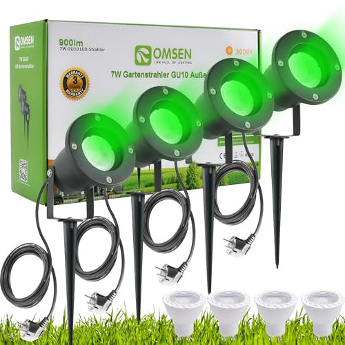 OMSEN Gartenstrahler mit Erdspieß GU10 7W Grün 230V, Robuste IP67 Wasserdicht Gartenleuchte, Austauschbare GU10 Leuchtmittel, Gartenbeleuchtung mit Strom und 2,3 m Kabel für Garten Rasen Baum, 4er set