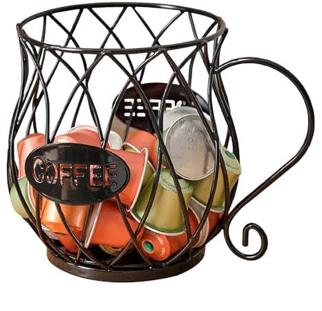 Coffee Pod Organiser, Large Capacity K Cup Holder Capsule Storage Basket, Bar Snack Storage Rack for Kitchen Counter, Office, Coffee Bar (Black)