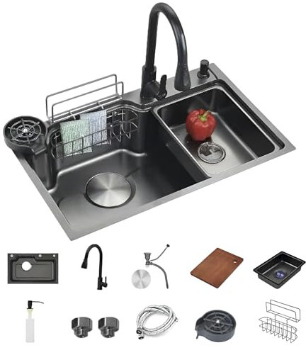 Julymoda Lavello da Cucina Multifunzionale 75 x 45 cm Rivestimento Nano 3mm in Acciaio Inox 304 con Lavatazze Dispenser di Sapone Cestello di Scarico Sospeso Nero