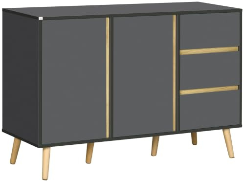 HOMCOM Sideboard Modern Kitchen Cupboard Double Doors 3 Drawers Dark Grey | Adjustable Shelves, Living Room, Dining Room